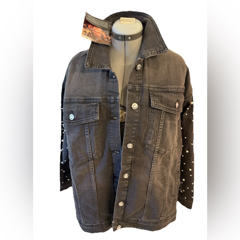 Grey Denim Jacket embellished Iman size 2X Crystal Buttons Pearls On Sleeves NWT